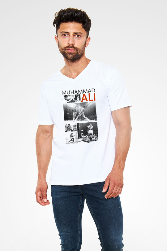 Muhammed Ali Beyaz Unisex V Yaka Tişört T-Shirt