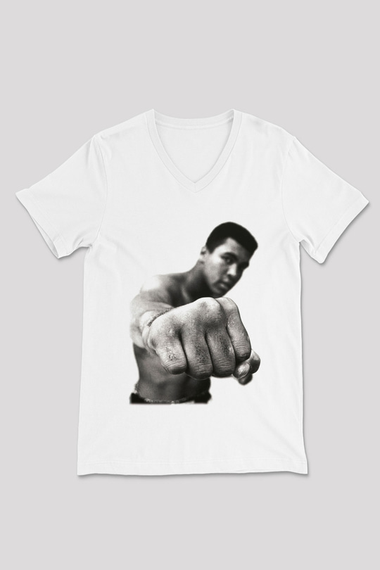 Muhammed Ali Beyaz Unisex V Yaka Tişört T-Shirt