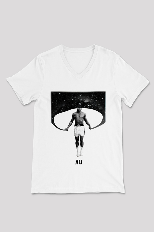 Muhammed Ali Beyaz Unisex V Yaka Tişört T-Shirt