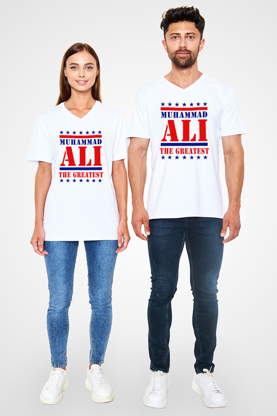 Muhammed Ali Beyaz Unisex V Yaka Tişört T-Shirt