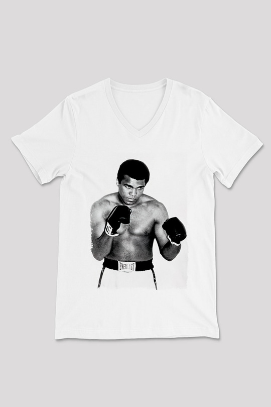 Muhammed Ali Beyaz Unisex V Yaka Tişört