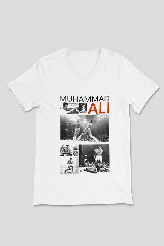 Muhammed Ali Beyaz Unisex V Yaka Tişört T-Shirt