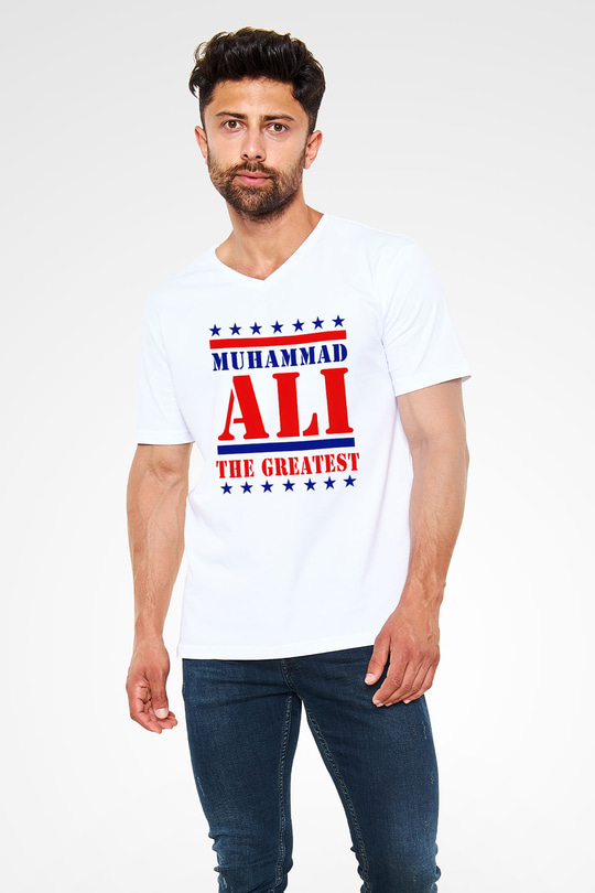 Muhammed Ali Beyaz Unisex V Yaka Tişört T-Shirt