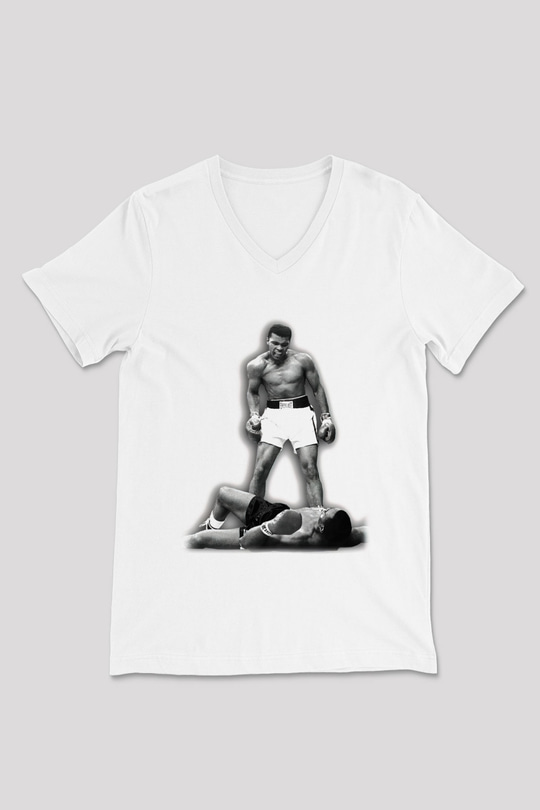 Muhammed Ali Beyaz Unisex V Yaka Tişört T-Shirt