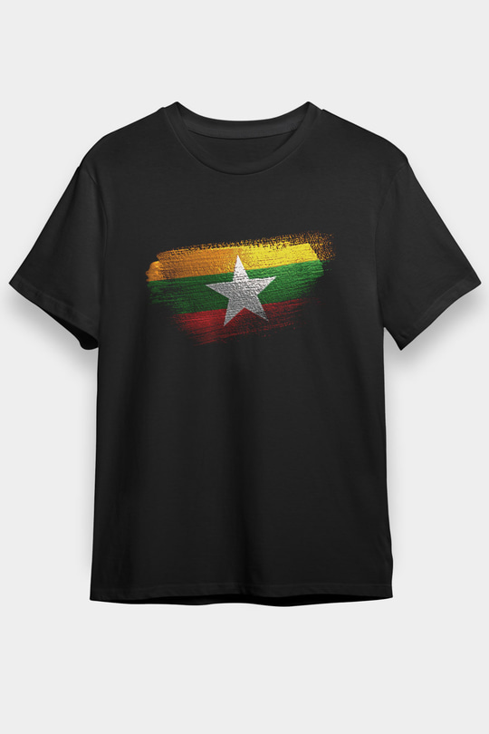 Myanmar Bayrağı Baskılı Unisex Siyah Tişört