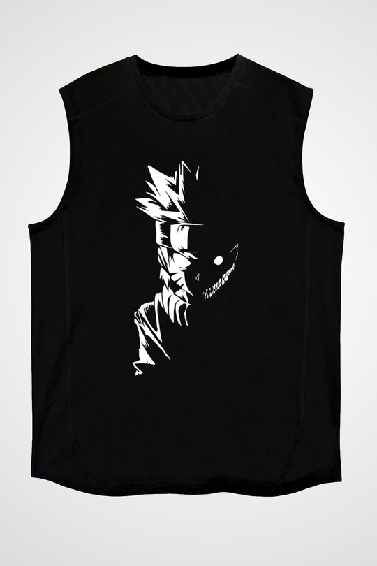 Naruto Baskılı Unisex Siyah Kolsuz Tişört - Tshirt
