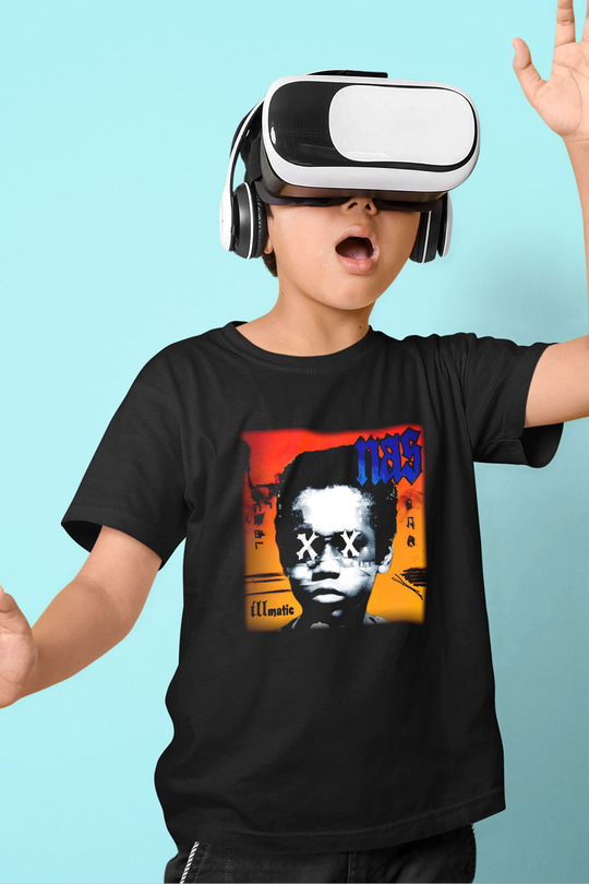Nas Baskılı Siyah Unisex Çocuk Tişört