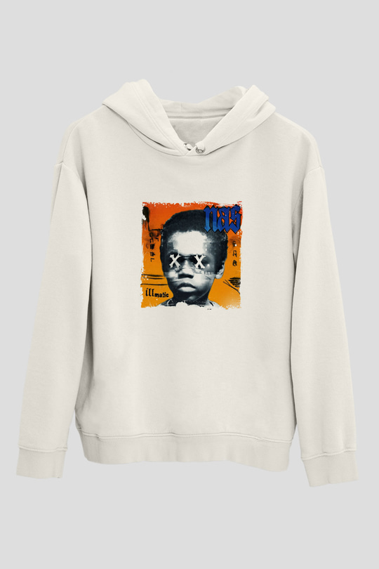 Nas Baskılı Unisex Beyaz Kapüşonlu Sweatshirt