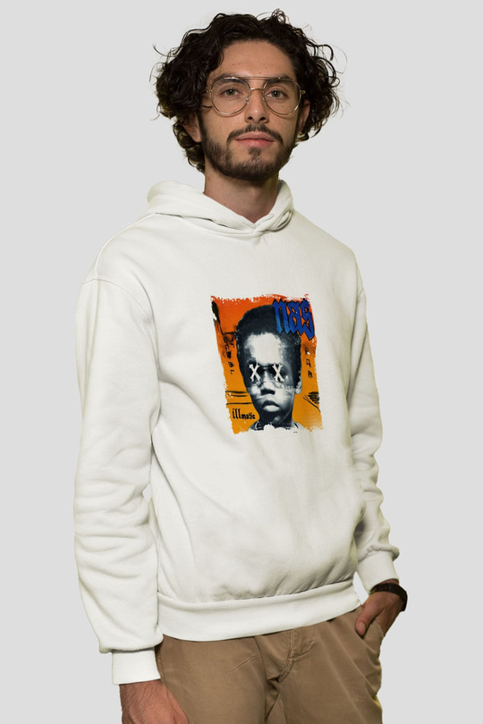 Nas Baskılı Unisex Beyaz Kapüşonlu Sweatshirt