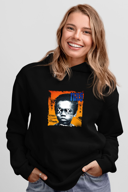 Nas Baskılı Unisex Siyah Hoodie