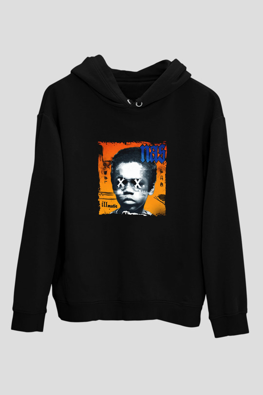 Nas Baskılı Unisex Siyah Hoodie