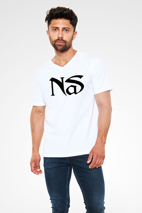 Nas Beyaz Unisex V Yaka Tişört T-Shirt