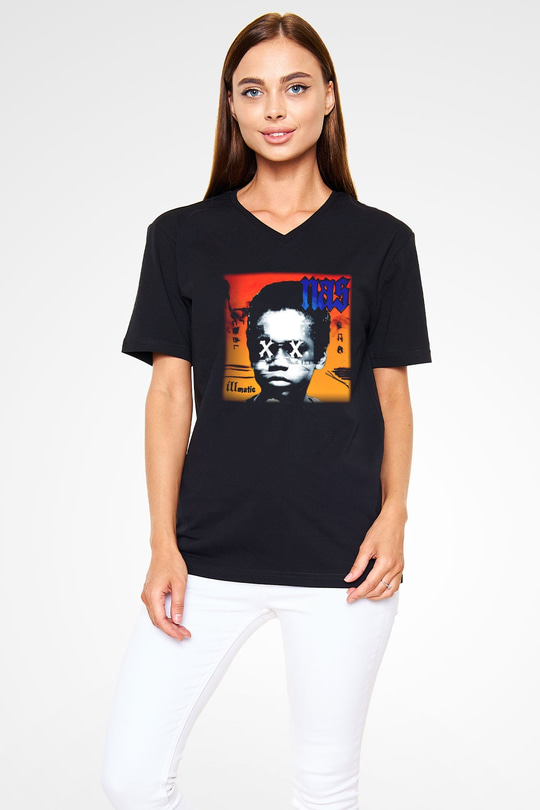 Nas Siyah Unisex V Yaka Tişört T-Shirt