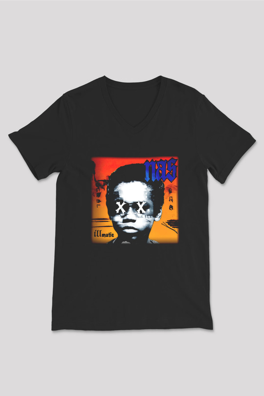 Nas Siyah Unisex V Yaka Tişört T-Shirt