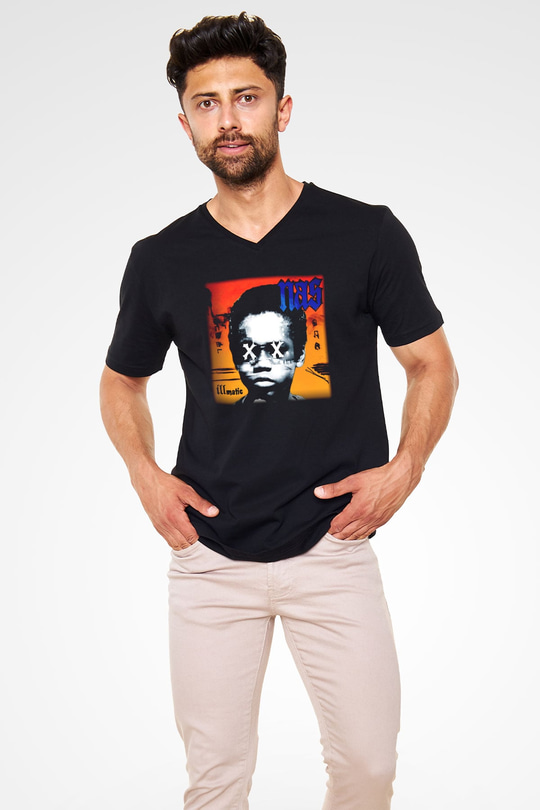 Nas Siyah Unisex V Yaka Tişört T-Shirt
