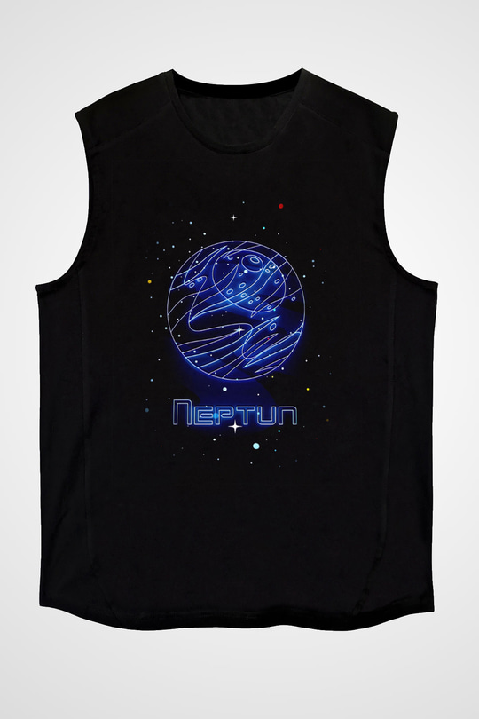 Neptün Çizim Baskılı Unisex Kolsuz Siyah Tişört - Tshirt