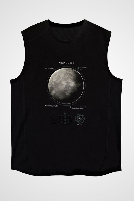 Neptün Fiziksel Özellikleri Baskılı Unisex Kolsuz Siyah Tişört - Tshirt