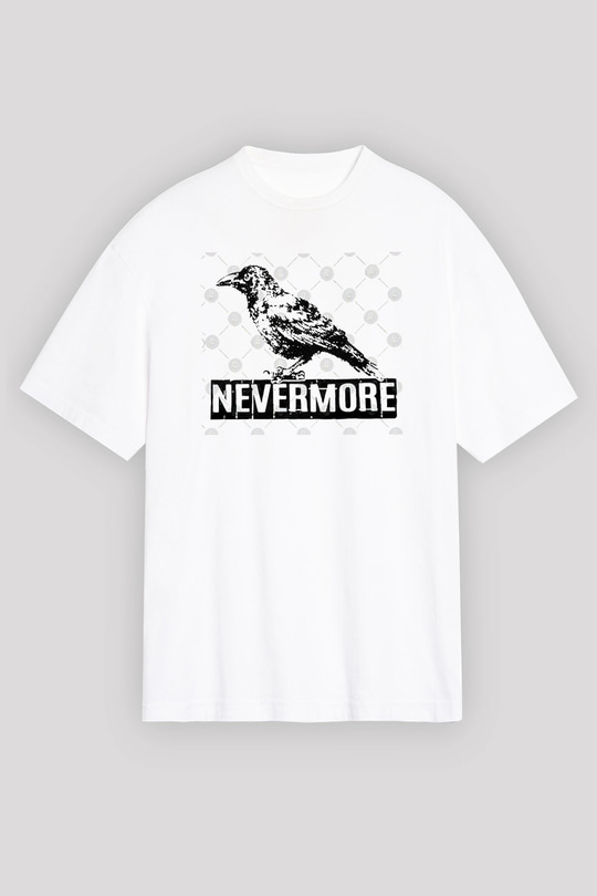 Nevermore Baskılı Beyaz Unisex Oversize Tişört - Tshirt