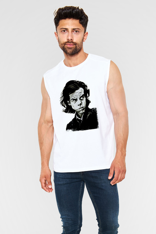 Nick Cave Baskılı Beyaz Unisex Kolsuz Tişört - Tshirt