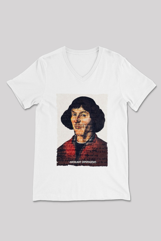 Nicolaus Copernicus Baskılı Unisex V Yaka Beyaz Tişört - Tshirt