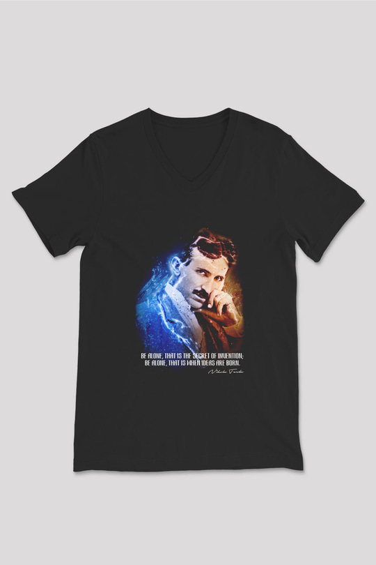 Nikola Tesla Alıntı Baskılı Unisex V Yaka Siyah Tİşört - Tshirt