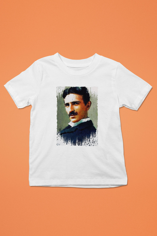 Nikola Tesla Renkli Portre Baskılı Unisex Beyaz Çocuk Tişörtü - Tshirt