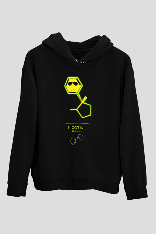 Nikotin Baskılı Unisex Siyah Kapüşonlu Sweatshirt