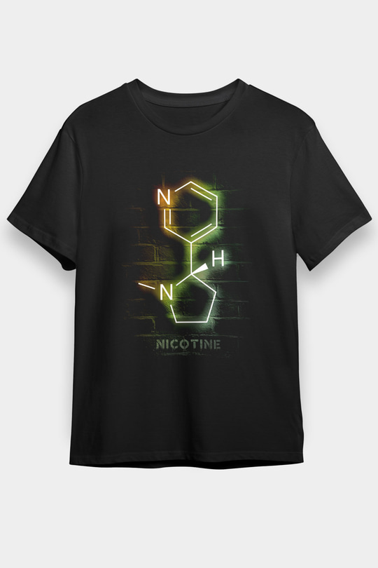 Nikotin Molekülü Baskılı Unisex Siyah Tişört - Tshirt