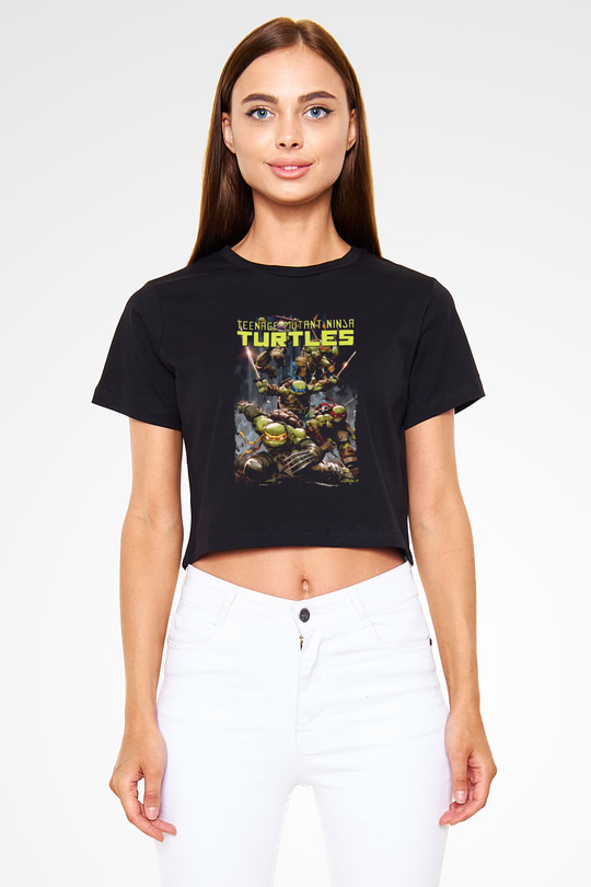 Ninja Kaplumbağa Temalı Baskılı Siyah  Crop Top Tişört