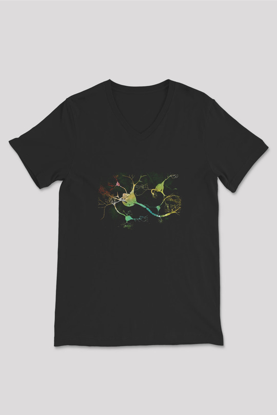 Nöronlar Baskılı Unisex V Yaka Siyah Tİşört - Tshirt
