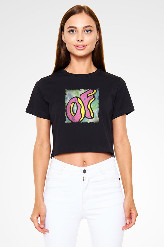 Odd Future Baskılı Crop Top Siyah Kadın Tişört