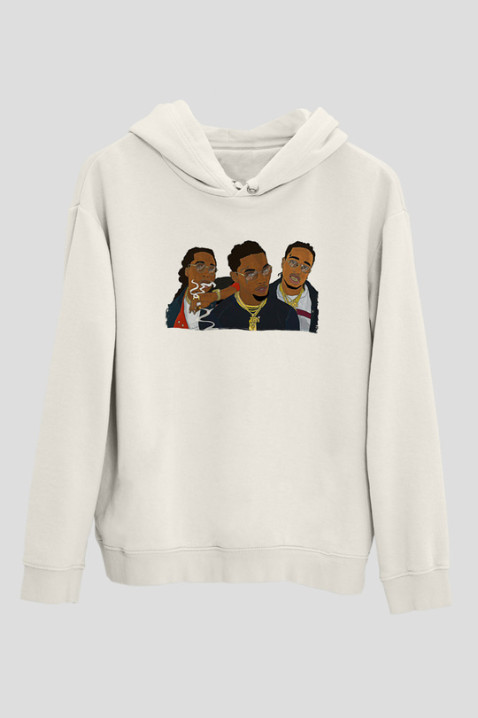 Offset Baskılı Beyaz Unisex Kapüşonlu Sweatshirt