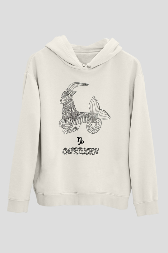 Oğlak Burcu Baskılı Beyaz Unisex Hoodie