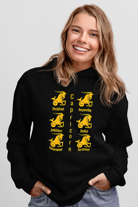Oğlak Burcu Baskılı Unisex Siyah Hoodie
