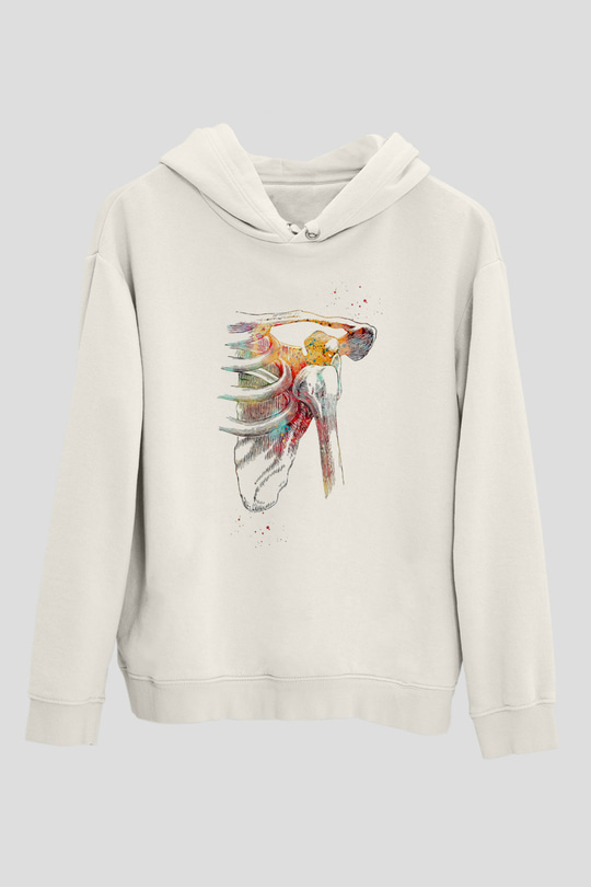 Omuz Çıkığı Baskılı Unisex Ekru Hoodie
