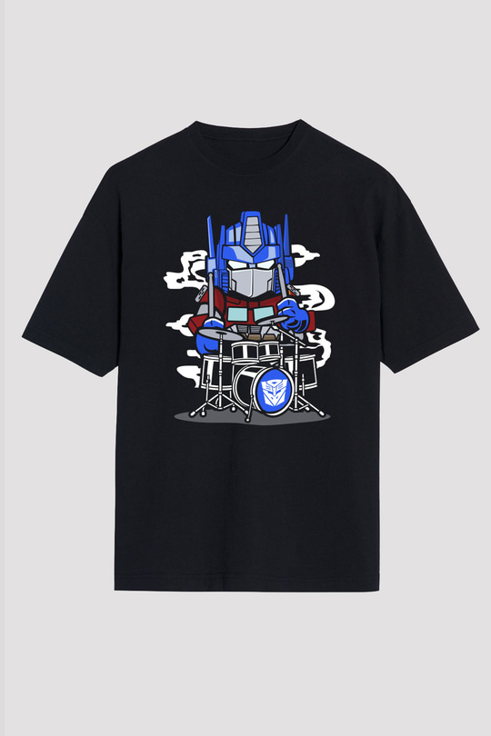 Optimus Drummer Baskılı Siyah Unisex Oversize Tişört