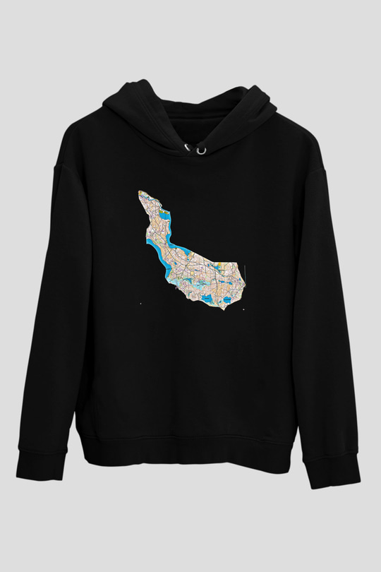 Orienteering Baskılı Unisex Siyah Kapüşonlu Sweatshirt