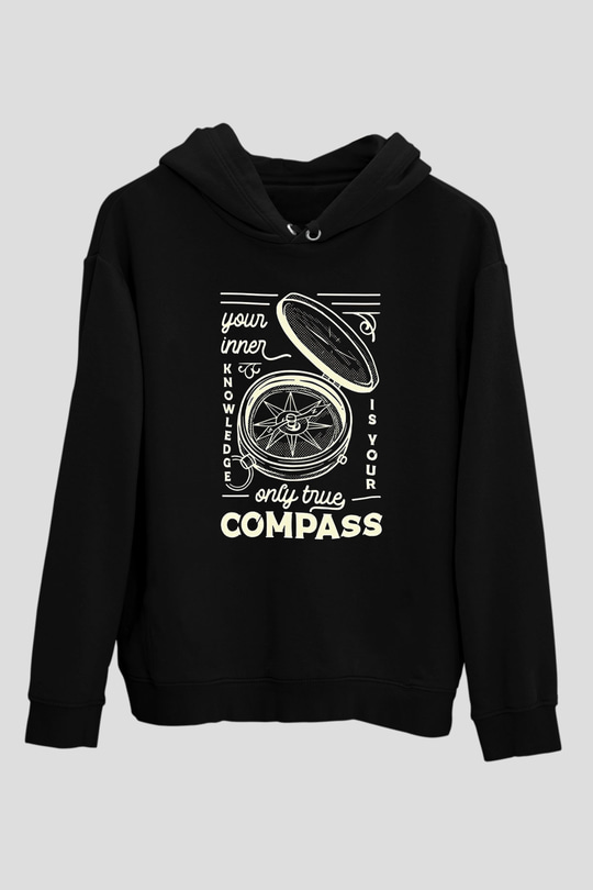 Orienteering Baskılı Unisex Siyah Kapüşonlu Sweatshirt