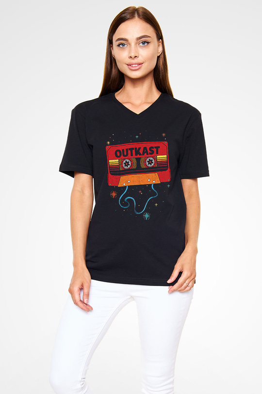 OutKast Baskılı Unisex Siyah V Yaka Tişört - Tshirt