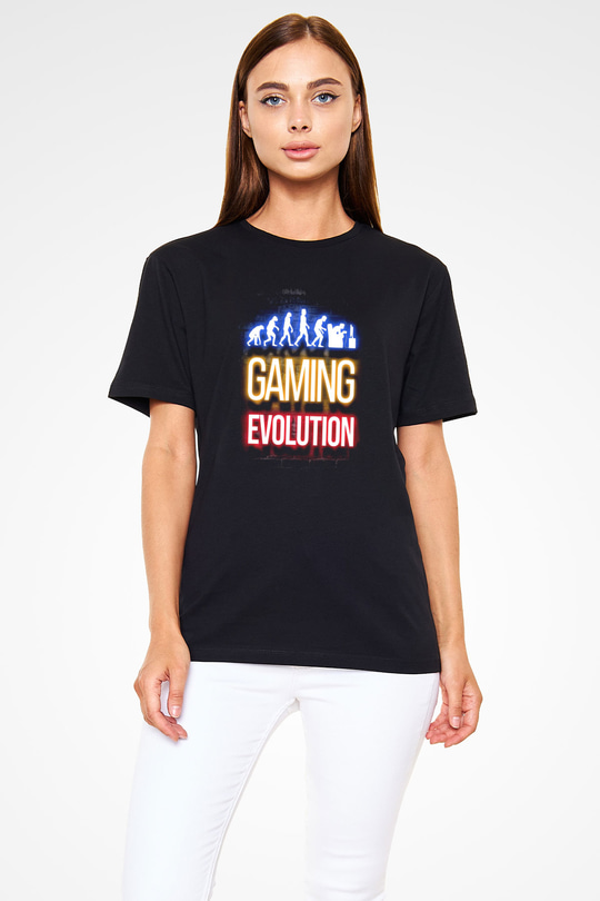 Oyuncu Evrimi Baskılı Unisex Siyah Tişört - Tshirt