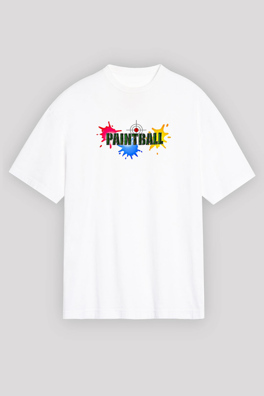 Paintball Baskılı Unisex Beyaz Oversize Tişört - Tshirt