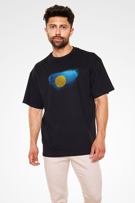 Palau Bayrağı Baskılı Unisex Siyah Oversize Tişört