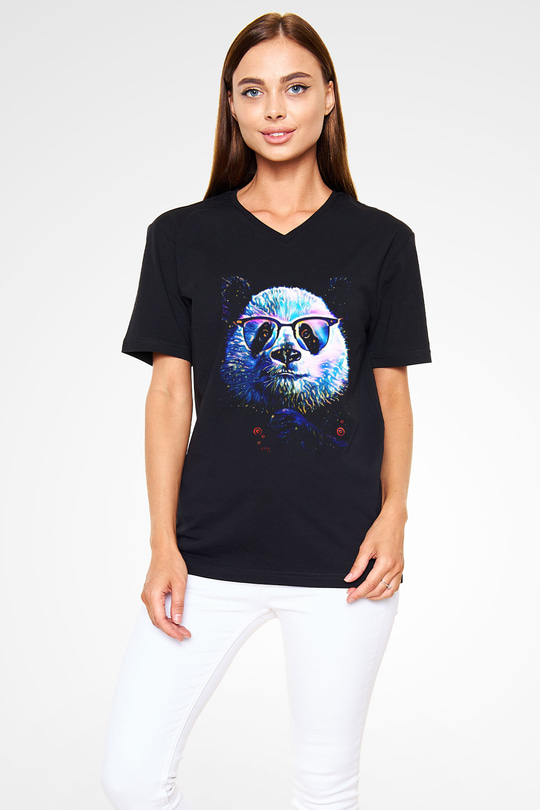 Panda Siyah Unisex V Yaka Tişört
