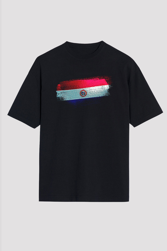Paraguay Bayrağı Baskılı Unisex Siyah Oversize Tişört