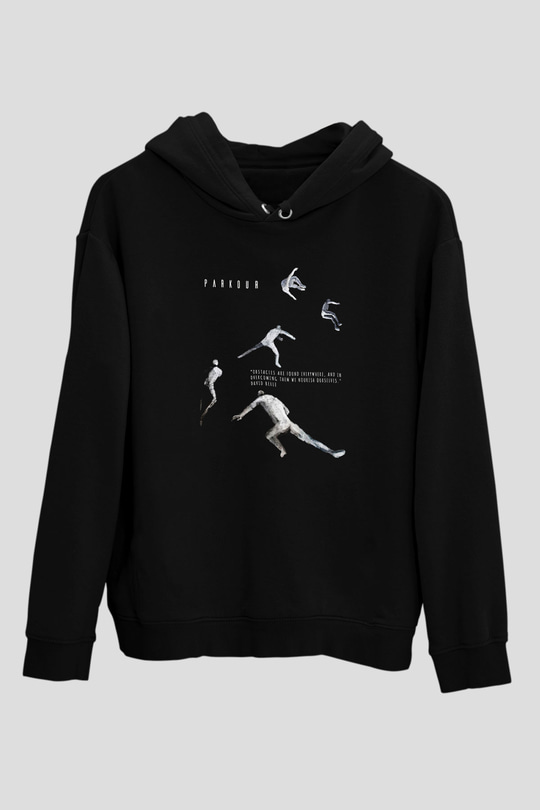 Parkour Baskılı Unisex Siyah Kapüşonlu Sweatshirt