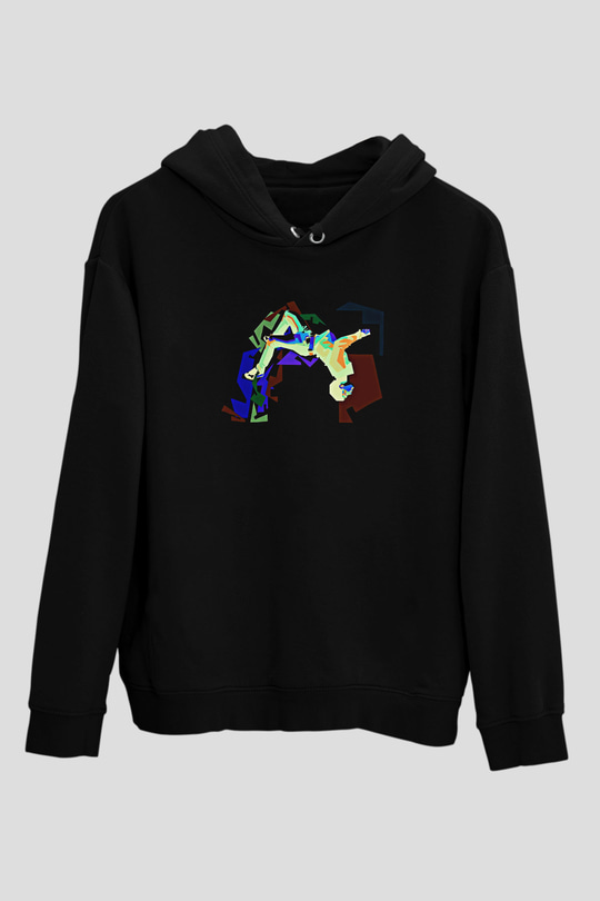 Parkour Baskılı Unisex Siyah Kapüşonlu Sweatshirt