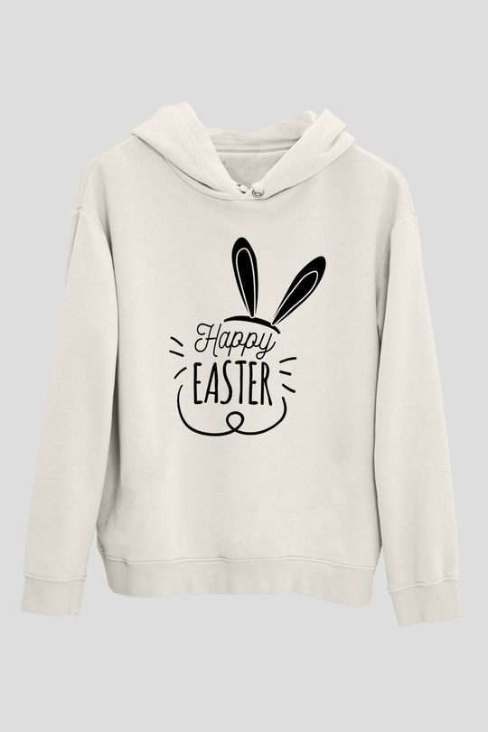 Paskalya Baskılı Beyaz Unisex Kapüşonlu Sweatshirt