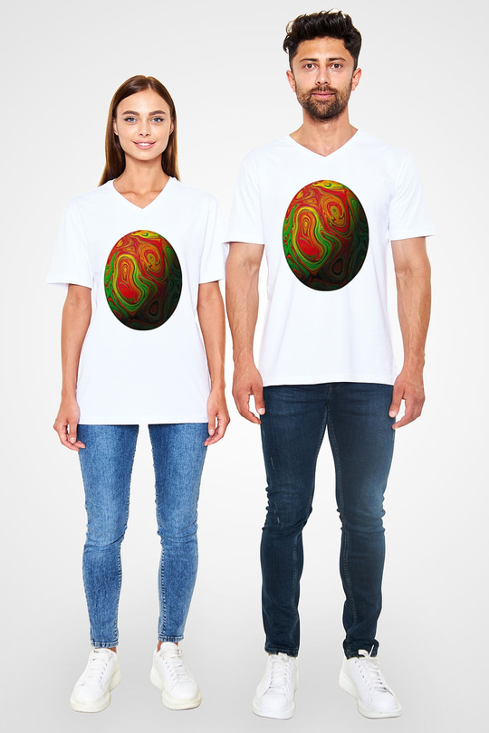 Paskalya Baskılı Beyaz Unisex V Yaka Tişört - Tshirt