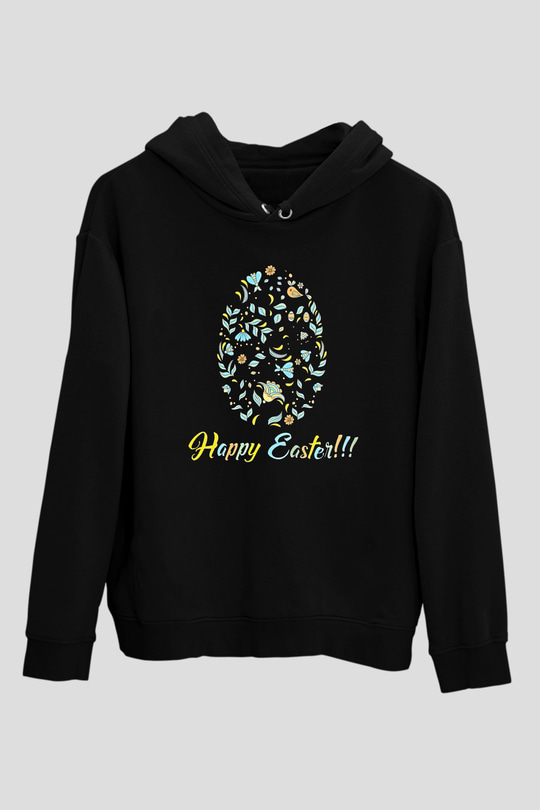 Paskalya Baskılı Unisex Siyah Hoodie