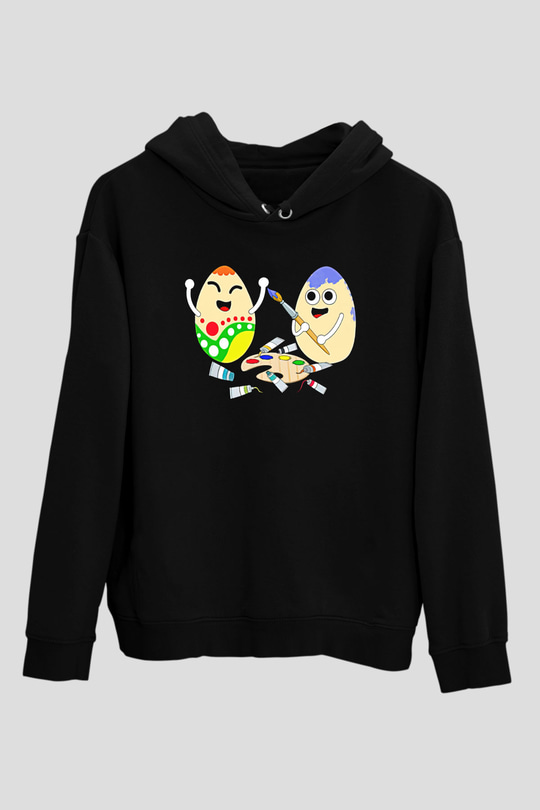 Paskalya Baskılı Unisex Siyah Hoodie